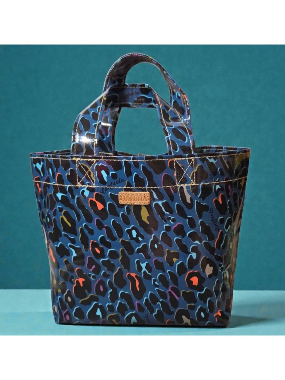 Consuela Danni Mini Bag Grab N Go Tote Blue Multicolor Leopard Print Bag  READ